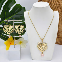 Set Of Hawaiian Monstera Leaf Earrings And Necklace Sustained With A Pearl From The Bottom In Different Colors