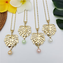 Set Of Hawaiian Monstera Leaf Earrings And Necklace Sustained With A Pearl From The Bottom In Different Colors