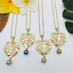 Set Of Hawaiian Monstera Leaf Earrings And Necklace Sustained With A Pearl From The Bottom In Different Colors