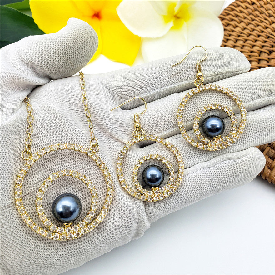 Set Of An Eye Of A Petrol Pearl With White Zircons Earrings And Necklace