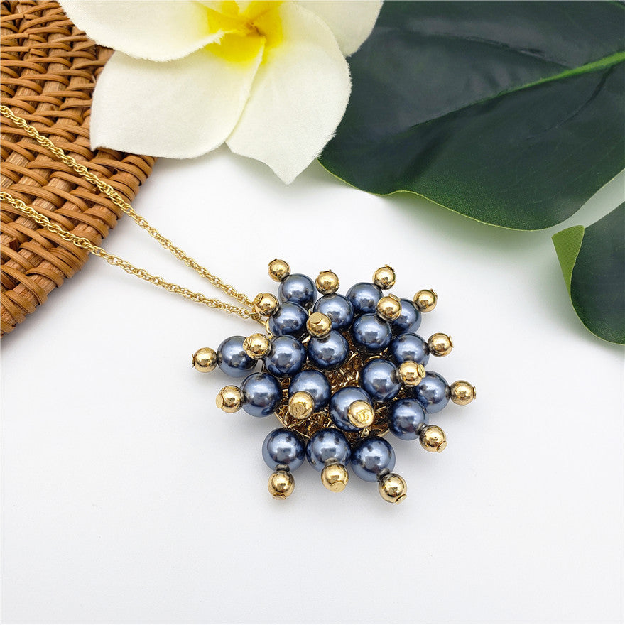 Set Of Pearl Stud Earrings And Pom Pom Necklace With Golden Beads And Pearls In Different Colors