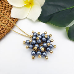 Set Of Pearl Stud Earrings And Pom Pom Necklace With Golden Beads And Pearls In Different Colors