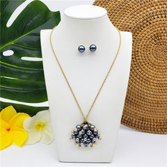 Set Of Pearl Stud Earrings And Pom Pom Necklace With Golden Beads And Pearls In Different Colors