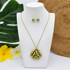 Set Of Pearl Stud Earrings And Pom Pom Necklace With Golden Beads And Pearls In Different Colors