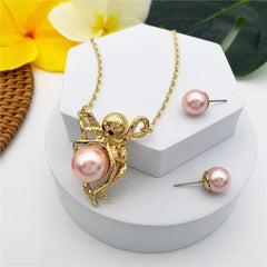 Set Of Pearl Stud Earrings And Octopus Necklace Holding A Pearl In Different Colors