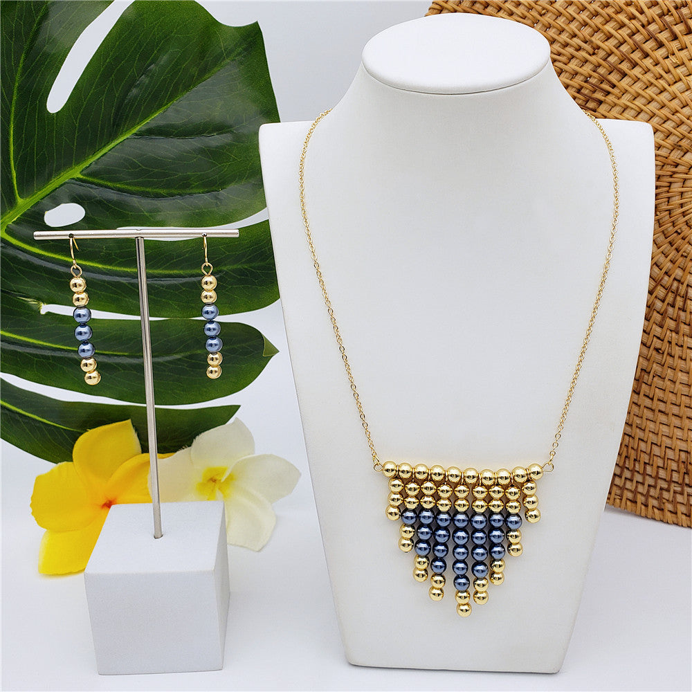 Set Of Hawaiian Earrings And Necklace With Golden Beads Centered With Beads In Different Colors