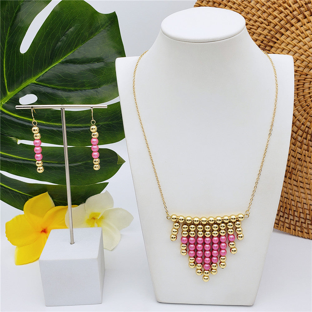 Set Of Hawaiian Earrings And Necklace With Golden Beads Centered With Beads In Different Colors