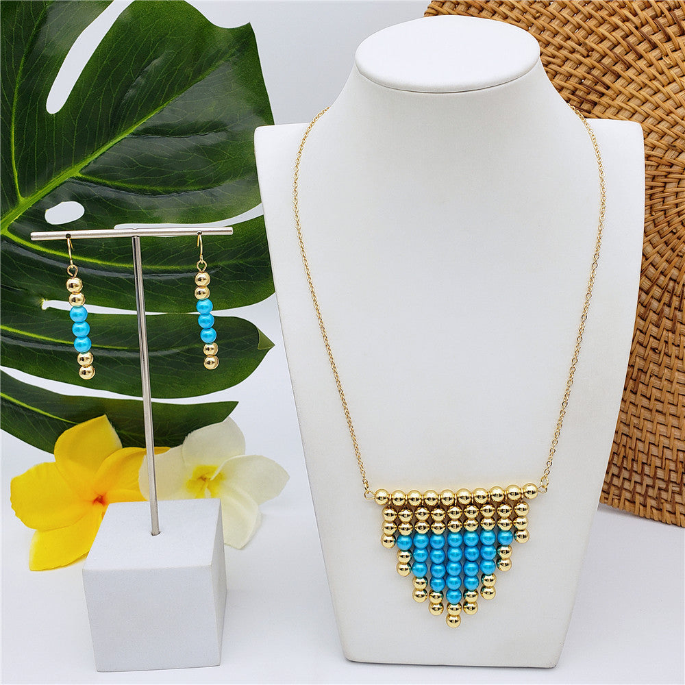 Set Of Hawaiian Earrings And Necklace With Golden Beads Centered With Beads In Different Colors