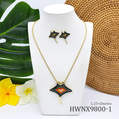 Set Of Hawaiian Manta Ray Fish Earrings And Necklace Filled With Colorful Beads