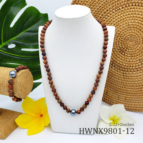 Set Of Hawaiian Wooden Beads Necklace With A Petrol Pearl And Bracelet With A Petrol Pearl And Golden Beads