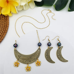 Set Of Carved Crescent Moon Sustained With Metallic Green-Purple Pearls Earrings And Necklace With Plumeria Flower Charms With White Zircon