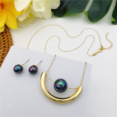 Set Of Metallic Green-Purple Pearl Stud Earrings And Eye Of The Universe Necklace With Metallic Green-Purple Pearl In Different Styles