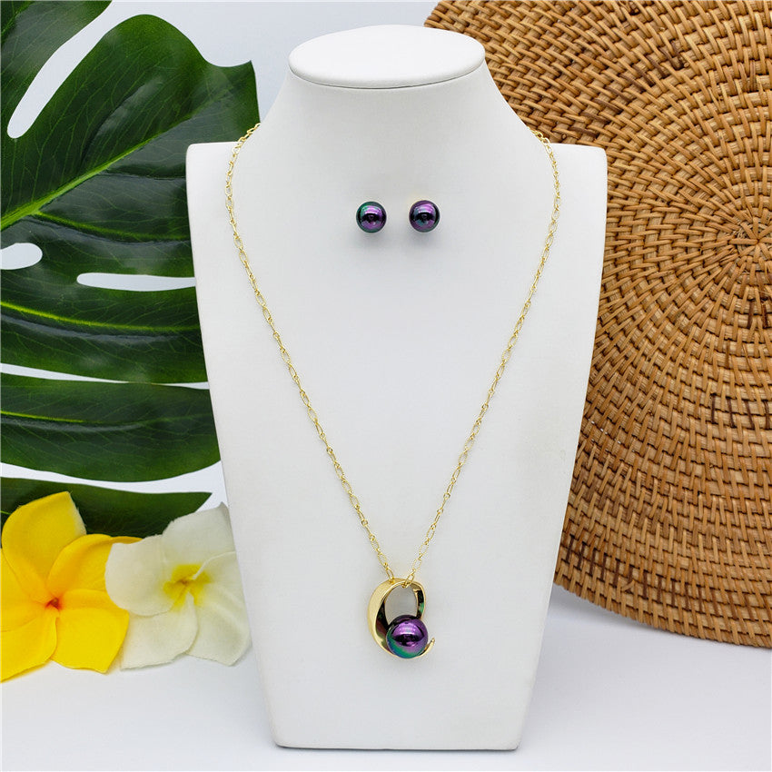 Set Of Metallic Green-Purple Pearl Stud Earrings And Eye Of The Universe Necklace With Metallic Green-Purple Pearl In Different Styles