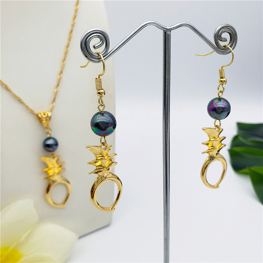 Set Of Hawaiian Pineapple Earrings And Necklace With Metallic Green-Purple Pearl