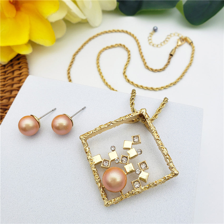 Set Of Pearl Stud Earrings And Square Necklace With Cubes, White Zircons And A Pearl In Different Colors