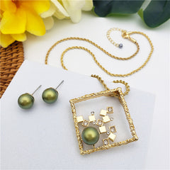 Set Of Pearl Stud Earrings And Square Necklace With Cubes, White Zircons And A Pearl In Different Colors