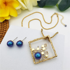 Set Of Pearl Stud Earrings And Square Necklace With Cubes, White Zircons And A Pearl In Different Colors