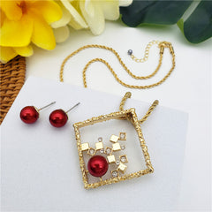 Set Of Pearl Stud Earrings And Square Necklace With Cubes, White Zircons And A Pearl In Different Colors