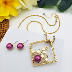 Set Of Pearl Stud Earrings And Square Necklace With Cubes, White Zircons And A Pearl In Different Colors