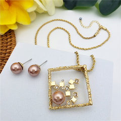 Set Of Pearl Stud Earrings And Square Necklace With Cubes, White Zircons And A Pearl In Different Colors