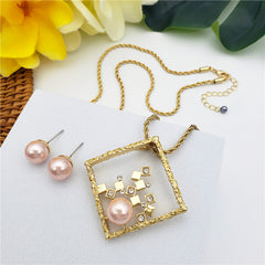 Set Of Pearl Stud Earrings And Square Necklace With Cubes, White Zircons And A Pearl In Different Colors