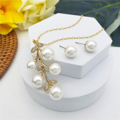 Set Of Pearl Stud Earrings And Pearls Branch Necklace In 2 Different Colors With White Zircon Leaves