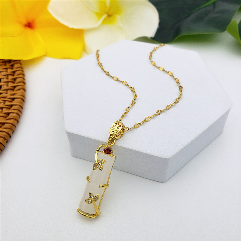 Jade Bar Chalcedony Bamboo With Red And White Zircons Necklace In 2 Colors