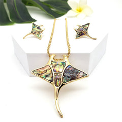 Set Of Metallic Green-Purple Manta Ray Fish Earrings And Necklace