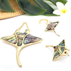 Set Of Metallic Green-Purple Manta Ray Fish Earrings And Necklace