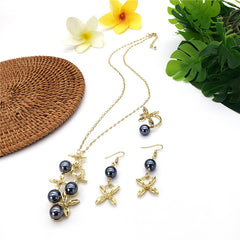 Set Of Earrings, Ring And Necklace With Flowers Centered With White Zircon And Pearls In 2 Different Colors