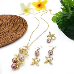 Set Of Earrings, Ring And Necklace With Flowers Centered With White Zircon And Pearls In 2 Different Colors