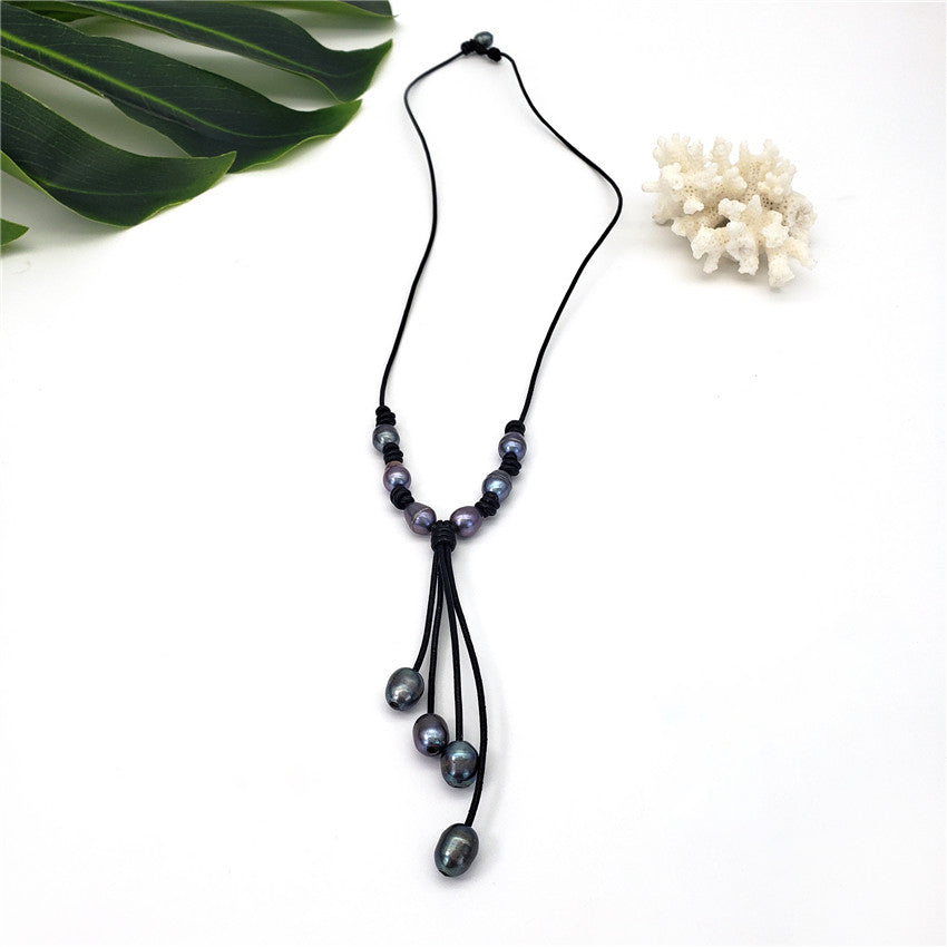 Tahitian Black Pearls Semi-Baroque Leather Necklace