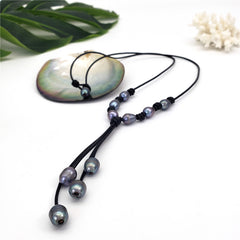 Tahitian Black Pearls Semi-Baroque Leather Necklace