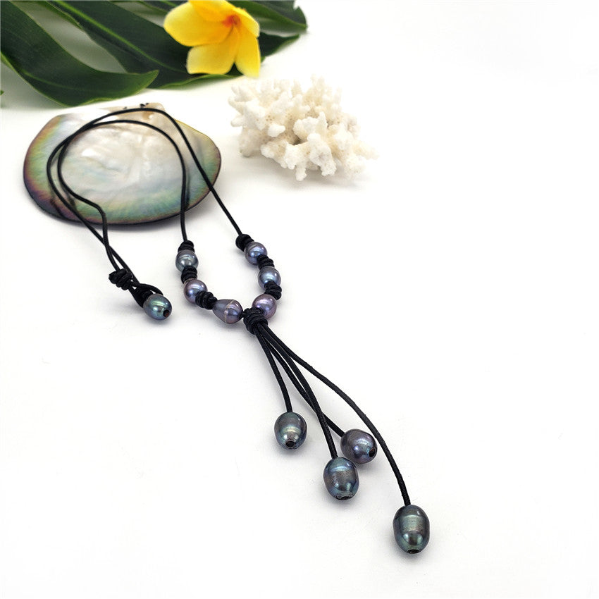 Tahitian Black Pearls Semi-Baroque Leather Necklace