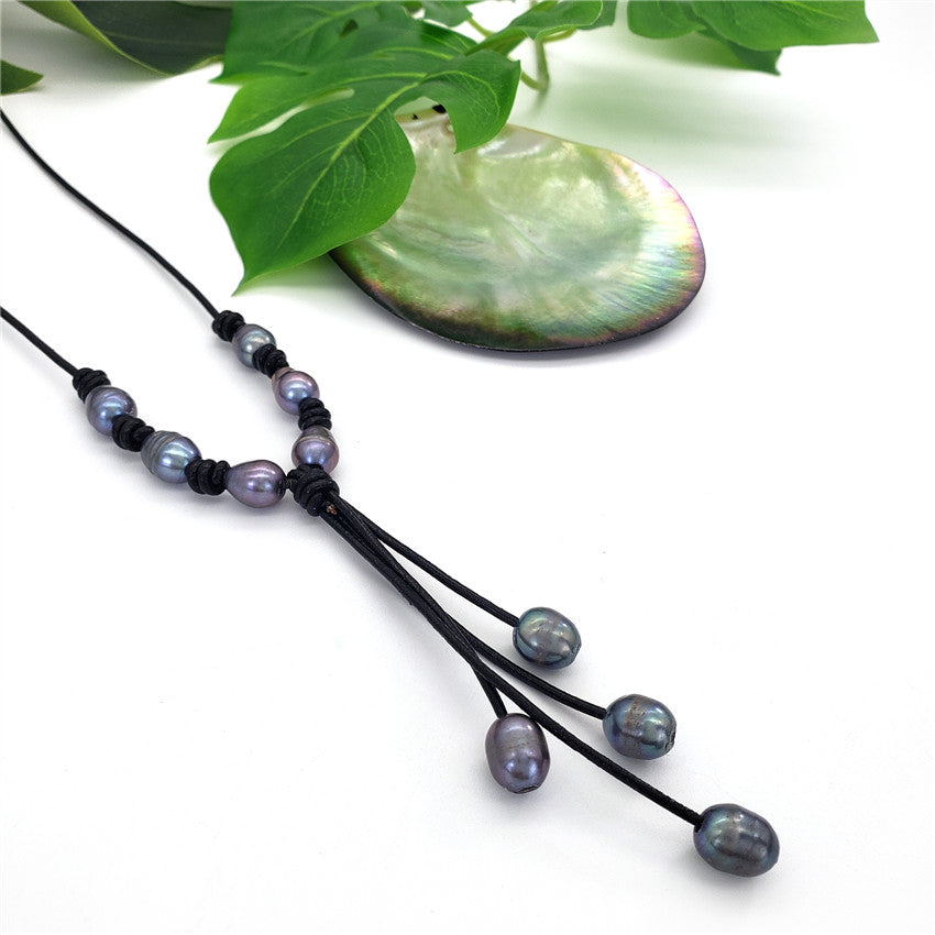 Tahitian Black Pearls Semi-Baroque Leather Necklace