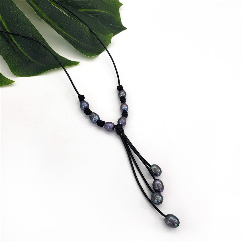 Tahitian Black Pearls Semi-Baroque Leather Necklace