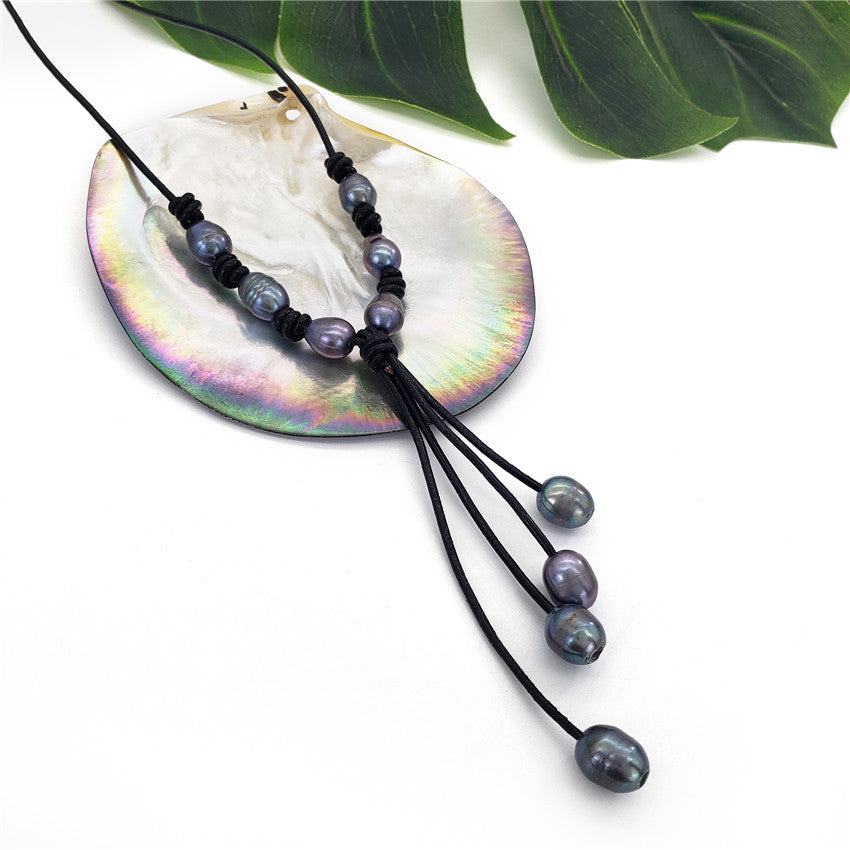 Tahitian Black Pearls Semi-Baroque Leather Necklace