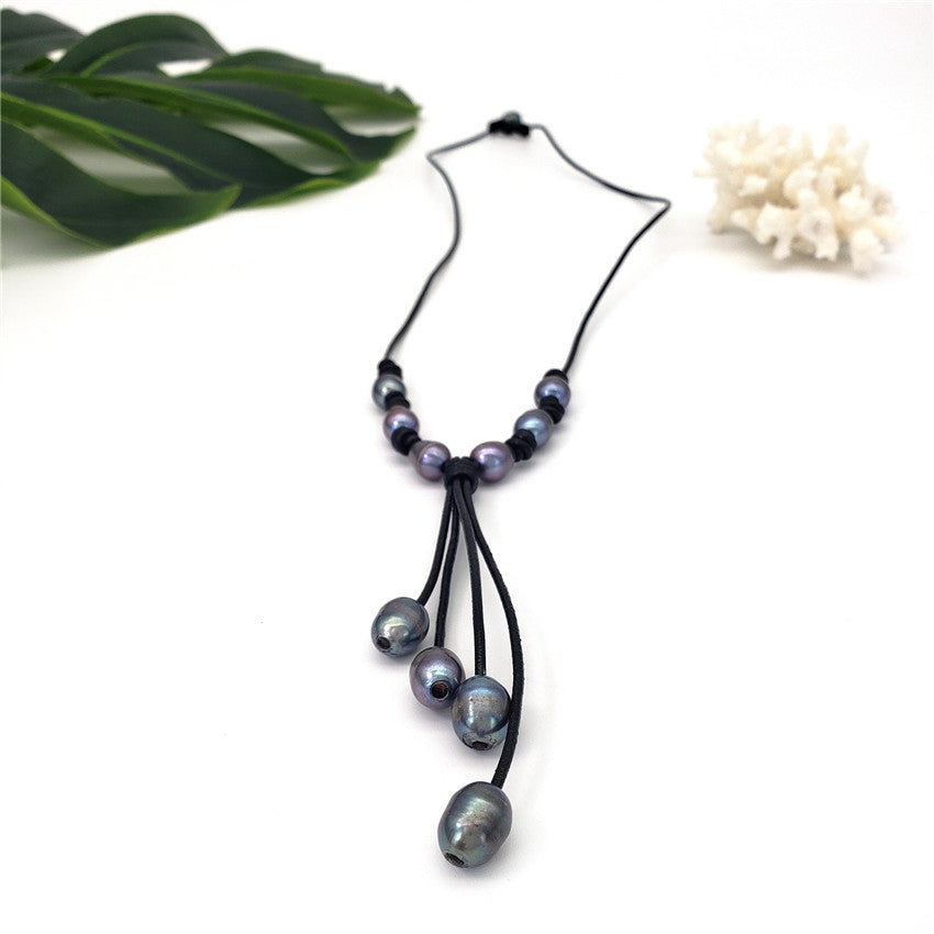 Tahitian Black Pearls Semi-Baroque Leather Necklace