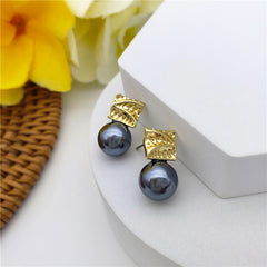 Carved Square Leaf Petrol Pearl Stud Earrings