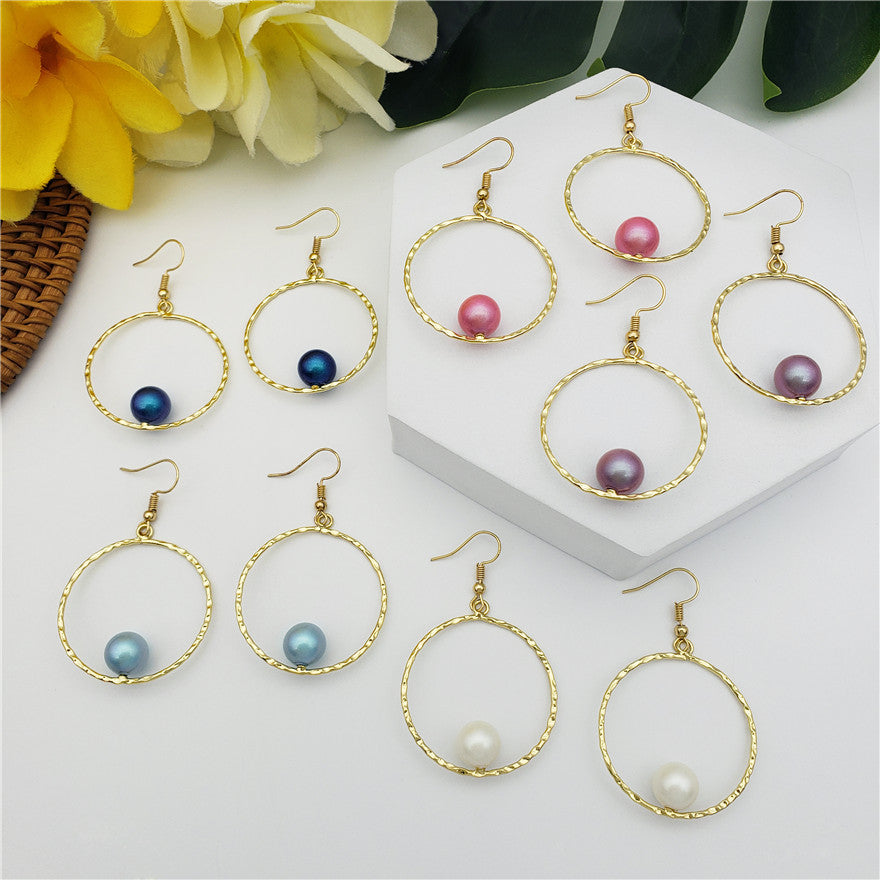 Circle Egg Hoop Hook Earrings With A Pearl In Different Colors