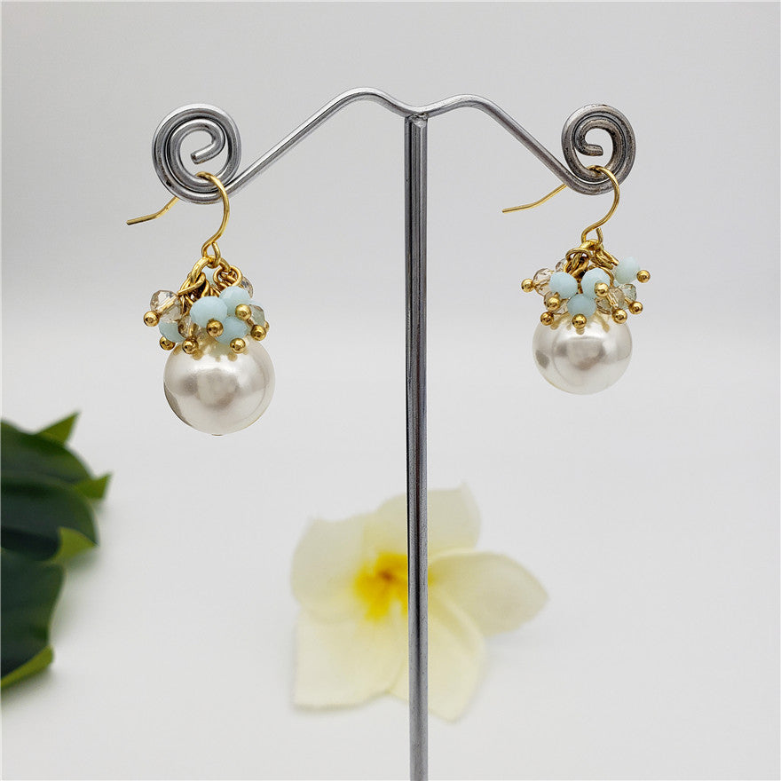 Light Silver Hook Pearl Earrings With A Web Of Light Blue Crystal Beads And White Zircons