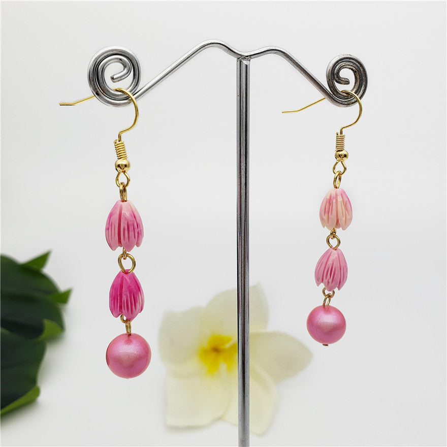 Earrings With Pikake Flower Beads And A Pearl In Different Colors