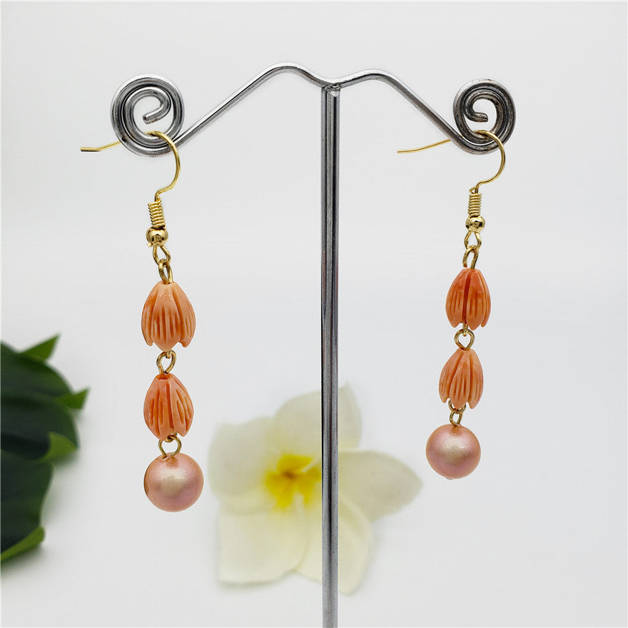 Earrings With Pikake Flower Beads And A Pearl In Different Colors