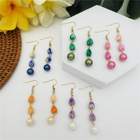 Earrings With Pikake Flower Beads And A Pearl In Different Colors