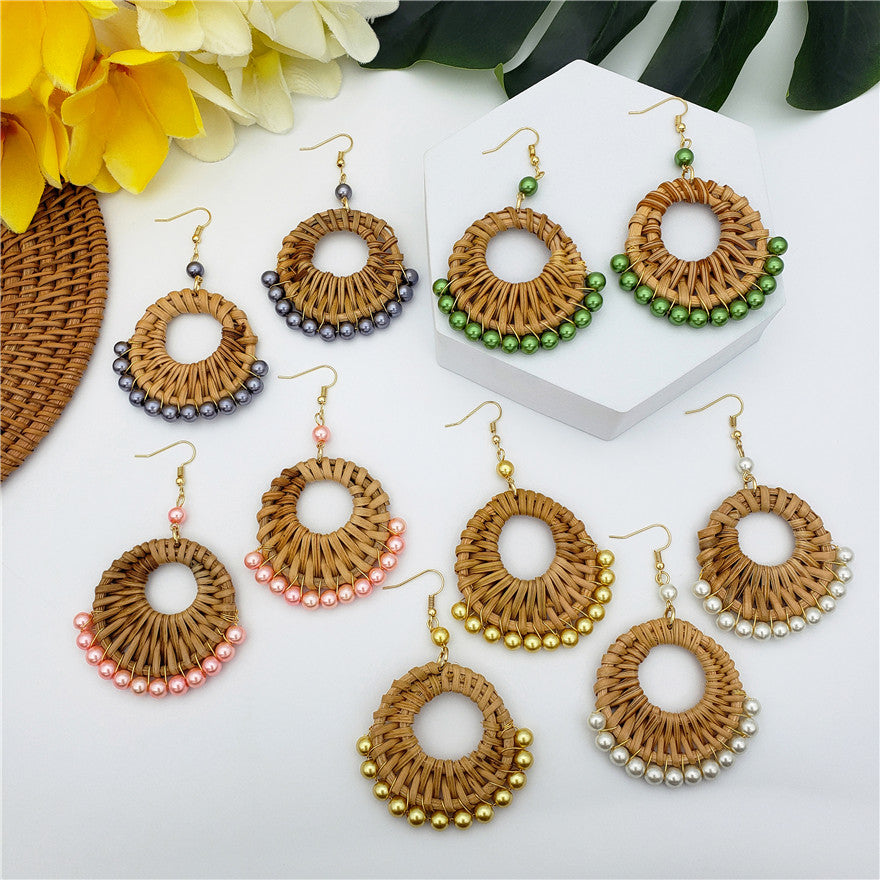 Woven Rattan Earrings Sustained With Pearls In Different Colors