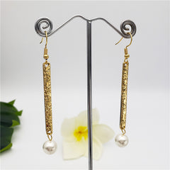 Carved Thin Bar Drop Earrings Sustained With A Pearl In Different Colors