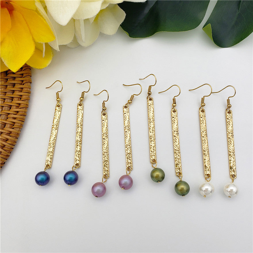 Carved Thin Bar Drop Earrings Sustained With A Pearl In Different Colors