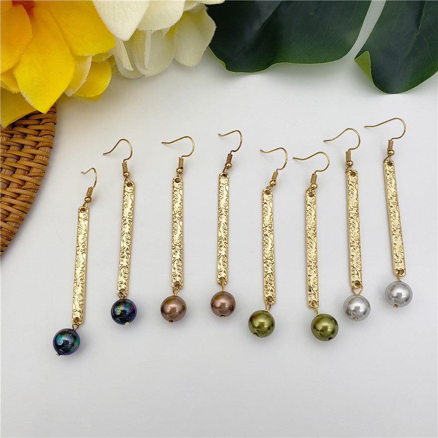 Carved Thin Bar Drop Earrings Sustained With A Pearl In Different Colors