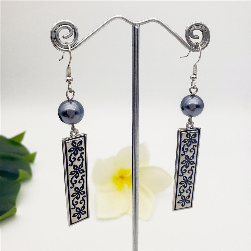 Rectangle Carved Flowers & Winds Bar Drop Earrings In Silver/Gold Sustained With A Petrol Pearl