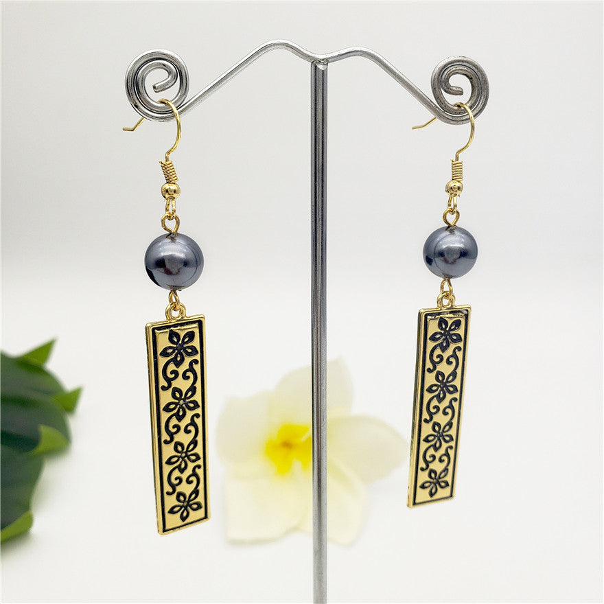 Rectangle Carved Flowers & Winds Bar Drop Earrings In Silver/Gold Sustained With A Petrol Pearl